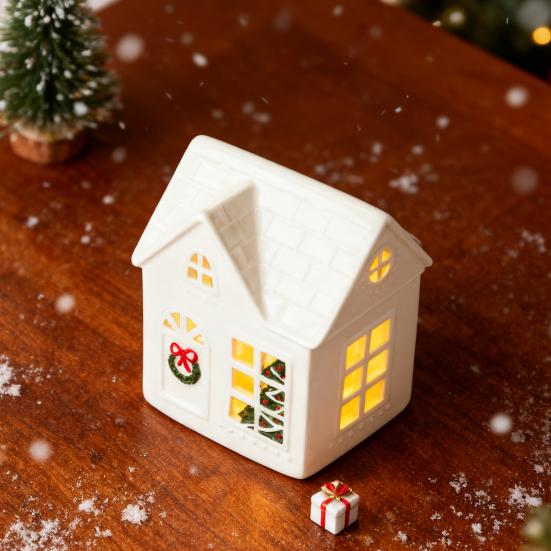 Christmas Village House Figurine LED Lighted White Small House Tabletop Decoration Winter Rustic Farmhouse Holiday Decor for Mantel Tabletop Room