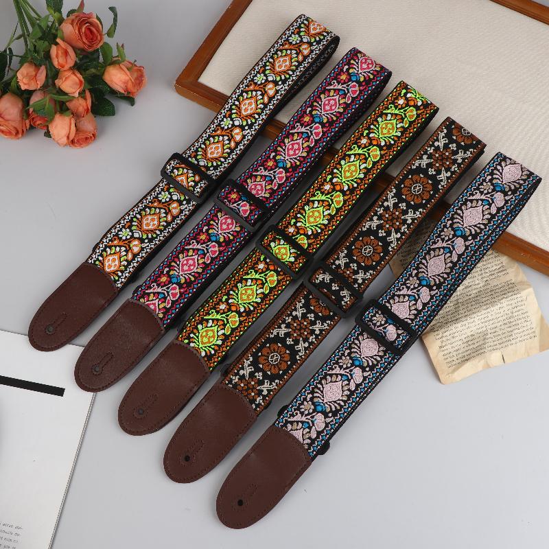 Guitar Strap Bass Cotton Leather Embroidery Straps Adjustable Neck Strap Electric Acoustic Guitar Bass Accessories