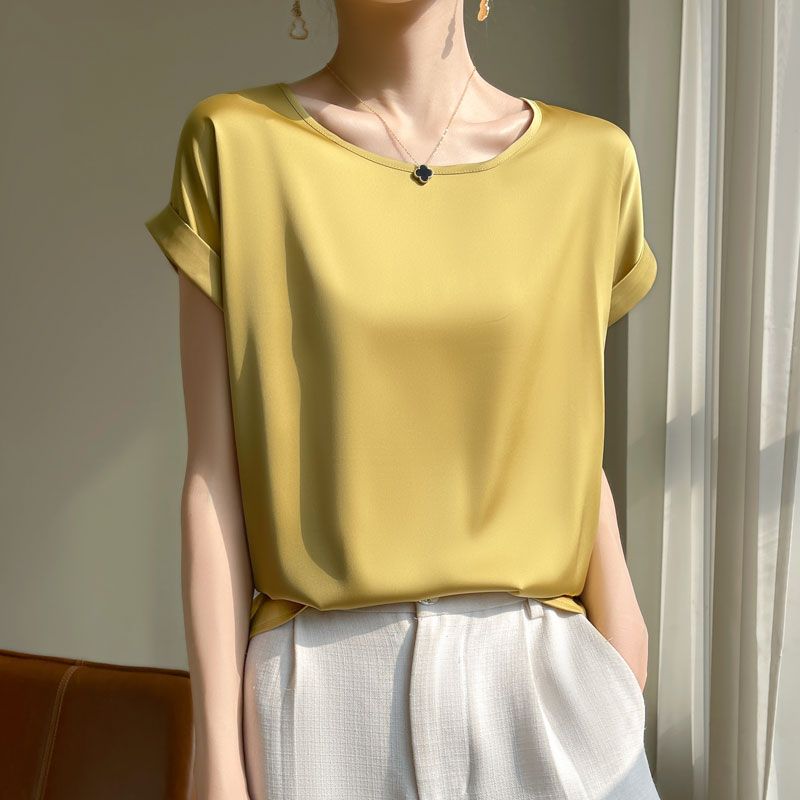 

Short Sleeve Stylish Fashion Loose Chiffon Shirt Silk Goose yellow L