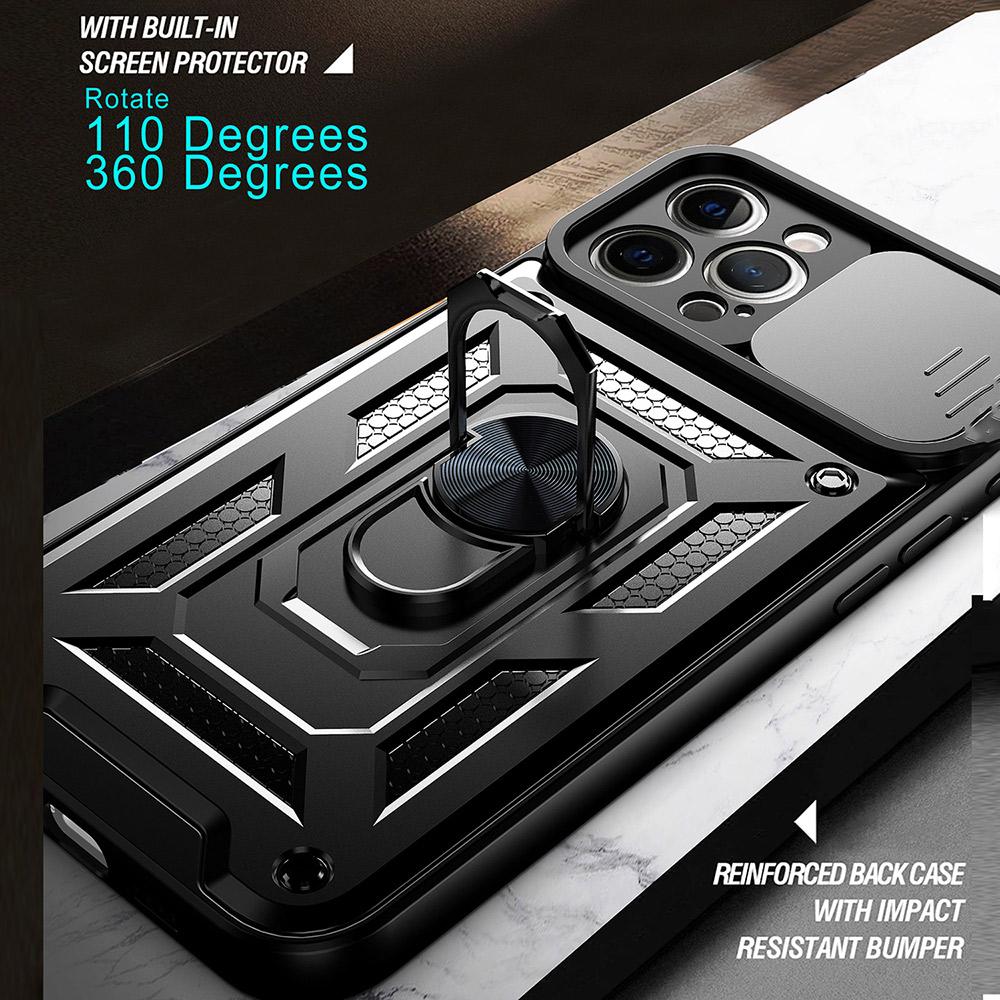 For iPhone 11 Pro Max Case Kickstand PC+TPU Phone Cover with Slide Camera Lid
