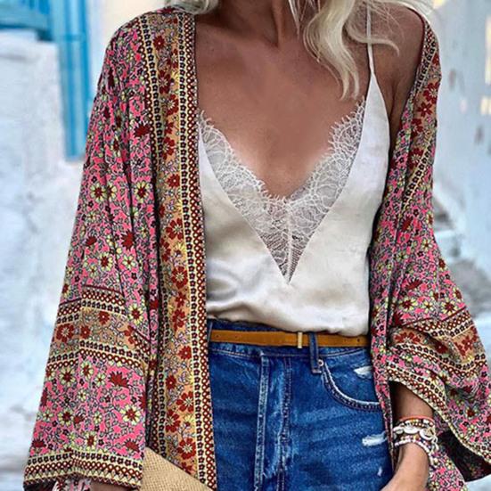 Long Sleeve Sun Protection Women Cardigan Quick Drying Summer Open Front Bohemian Floral Printed Shirt for Beach