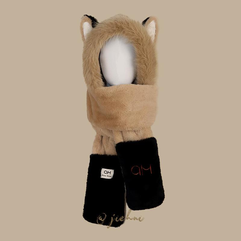 Hat Winter Fluffy Fire Fox Ears Warm Ski Scarf Gloves Integrated Hat Women's Thickened Three-piece Set