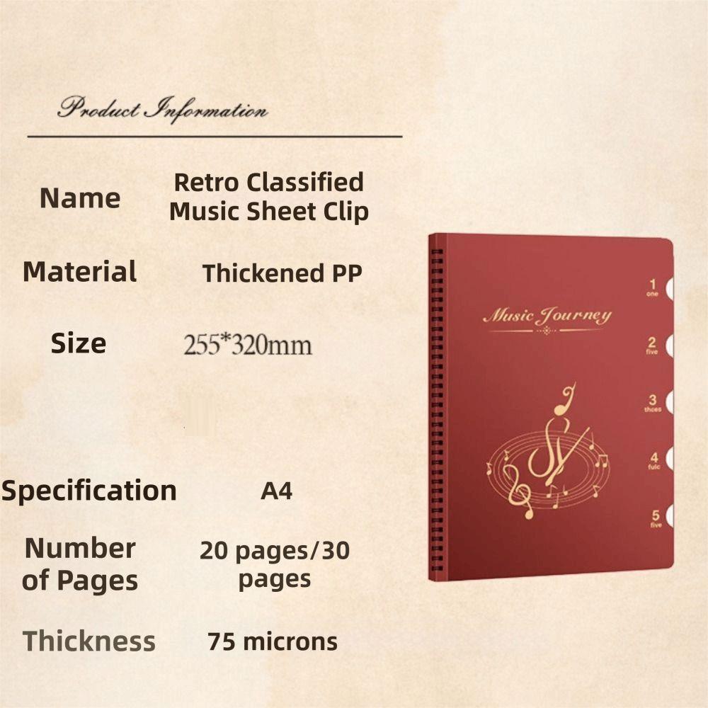 20/30 Sleeves Spiral Music Folder Non-reflective Document Organizer Retro Sheet Music Binder