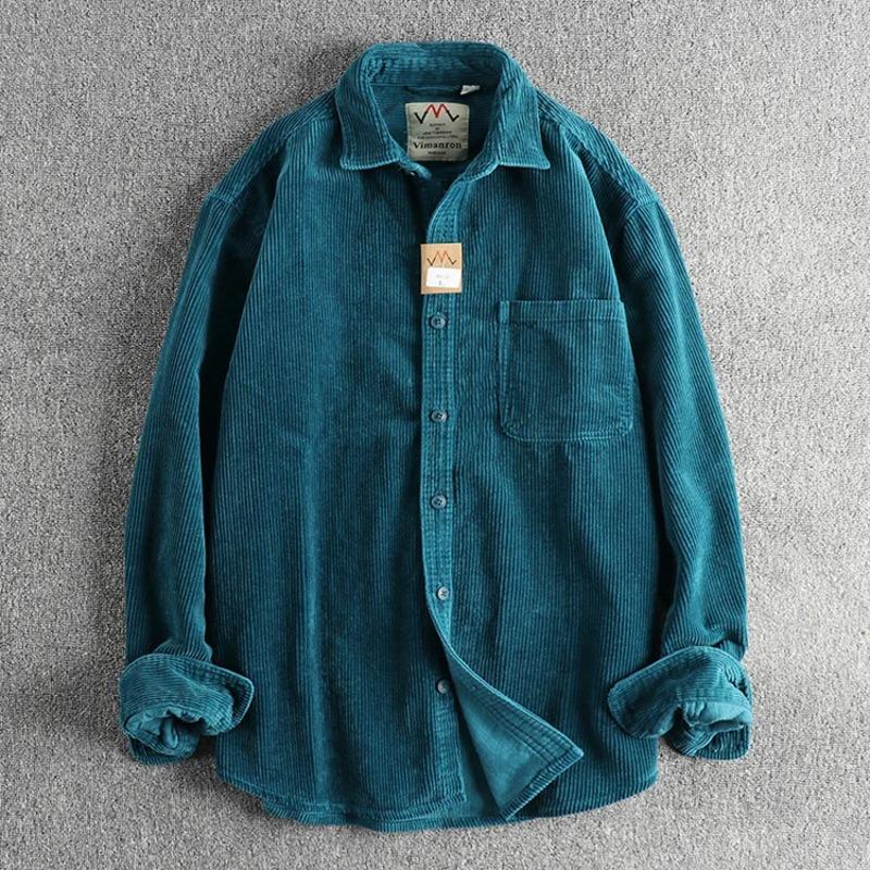 Solid Color Corduroy Vintage Shirt Men Spring Fashion Simple Basic Long Sleeve Blouse America Style Coats