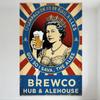 Vintage Queen Elizabeth II Beer Propaganda Metal Tin Sign, Retro Union Jack Radial Burst Wall Art for Bar Pub Man Cave Home Deco
