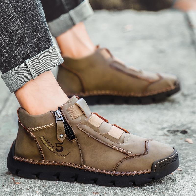 Buy Leather Casual Men's Shoes Fashion Nonslip Walking Shoes Breathable Lace Up Flat Shoes at