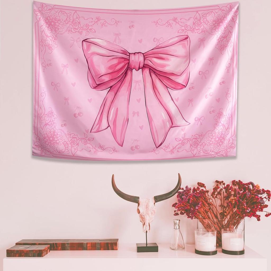 KJHL Pink Bohemian Wall Tapestry for Teen Girls, 44 x 60 Inch Cute Preppy Tapestry Wall Hanging Retro Coquette Bow Room Decor Aesthetic Tapestries