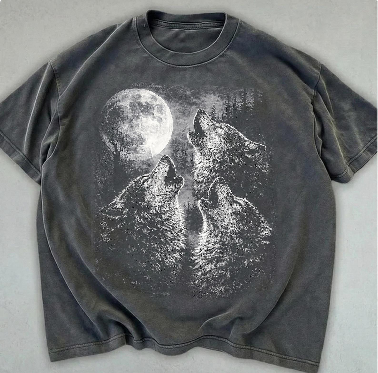 Vintage Three Wolves Moon Shirt, Retro 90s Graphic Tee, Nature Lover Comfort Colors 2XL