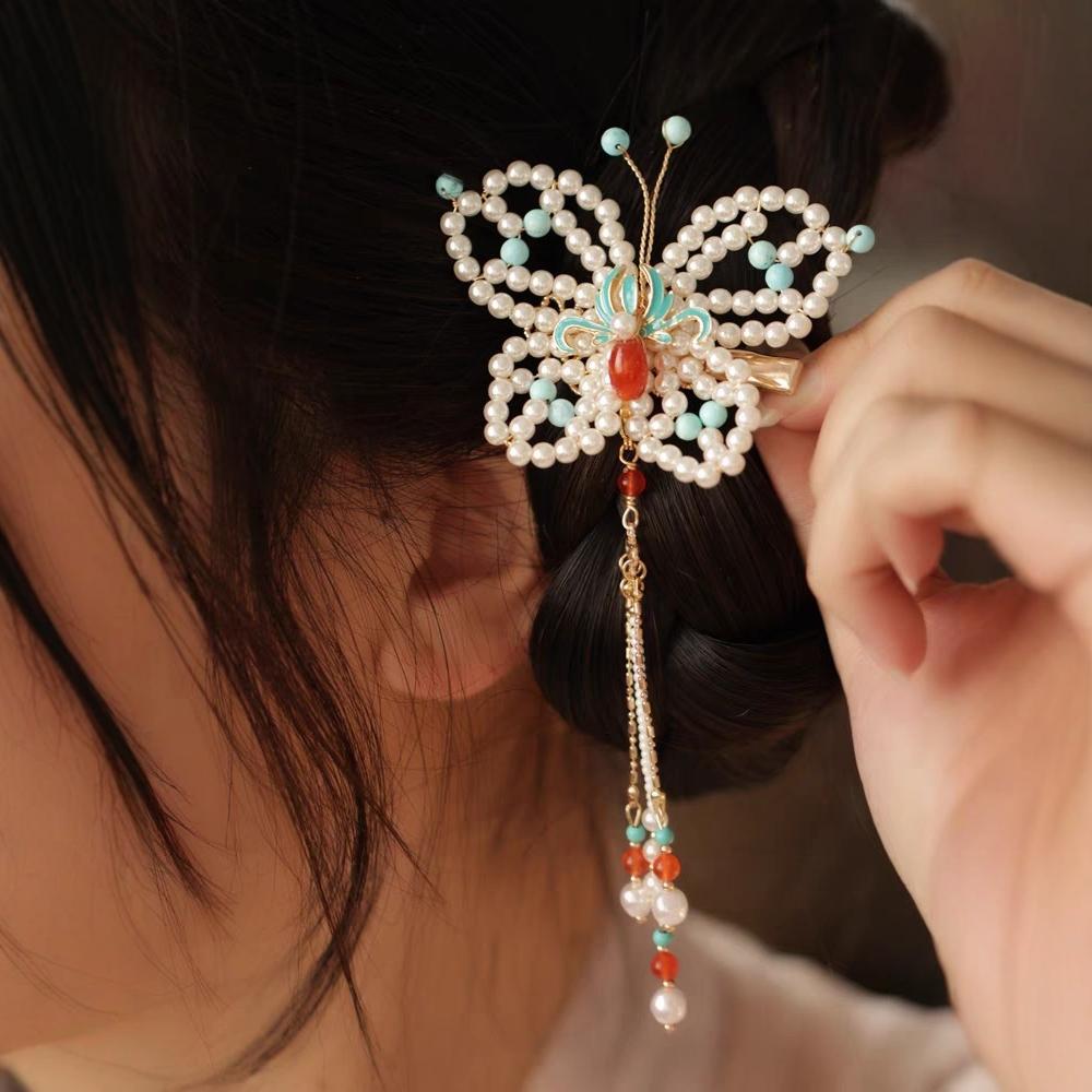 Starožitný styl Nová pokrývka hlavy Motýlí sponka do vlasů Okrajová sponka Hanfu Qipao Doplňky Kolekce Korálková okrajová sponka