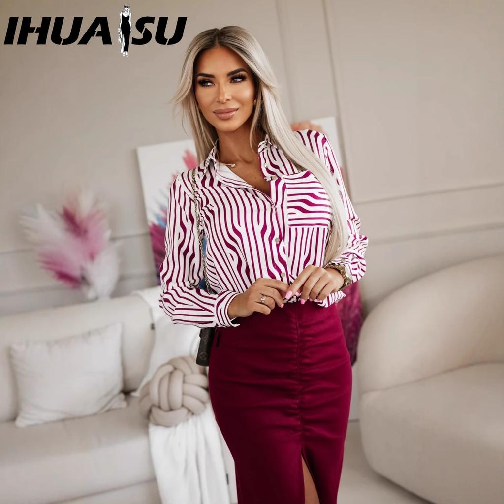 IHUASU Women's Fashion Casual Long Sleeve POLO Neck Blouses & Shirts