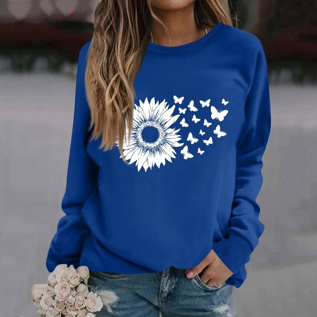 Women's Fashion Casual Long Sleeve Solid Color Printed Round Neck Top Sweatshirt