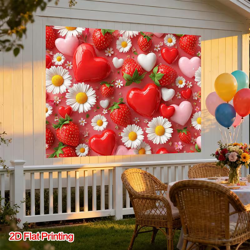 Romantic Strawberry, Heart and Daisy Backdrop Pink Themed Background Cloth for Birthday and Party