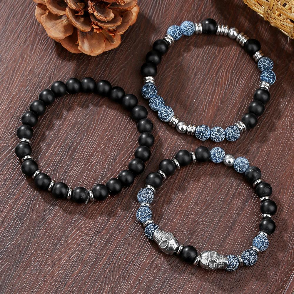 Retro Men's Hip Hop Stainless Steel Skull Bracelet Multilayer Stacked Wear Beaded Weathered Black Agate Bracelet Non-Fading