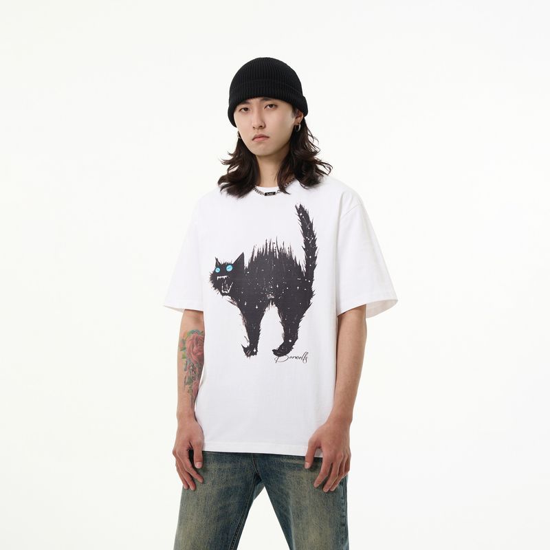 Kisko American Retro Cat Print Round Neck Short-Sleeved T-Shirt Men's New Summer Loose Design Top T-Shirt