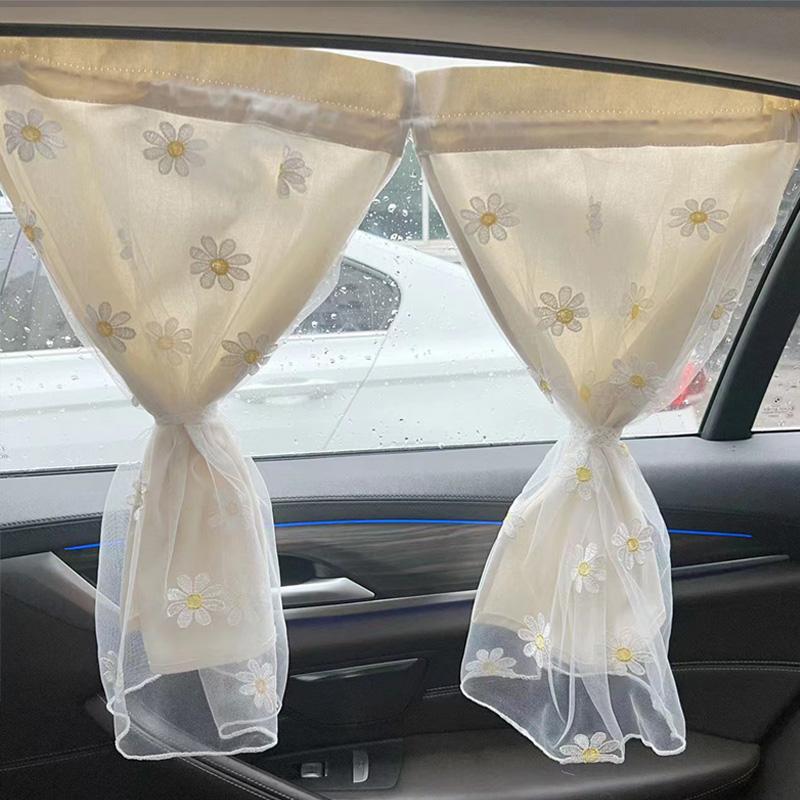 Car Baby Sunshade Curtain Embroidery Daisy Lace Double-layer Uv Protection Newborn Travel Sunscreen Summer Car Interior Supplies