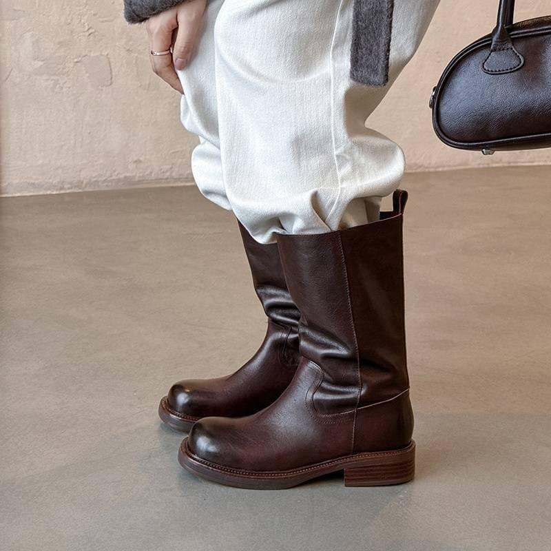 Podzimní a zimní dámské kožené boty velký obvod lýtka Martensky kůže pohodlná silná podrážka střední podpatek gumová podrážka nové nízké lýtko bo