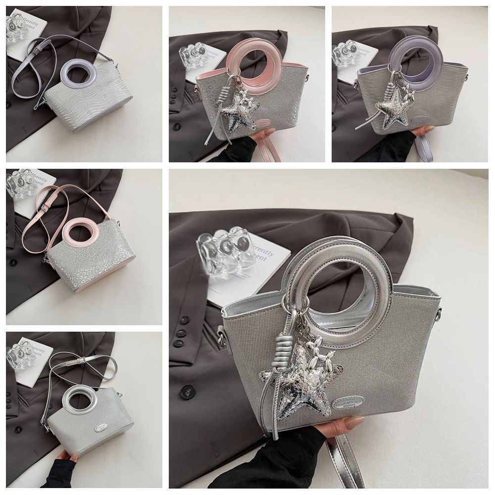 Shoulder Bag Small Basket Bag PU Shining Banquet Handbag Fashionable Sweet Star Silver Bag  Women