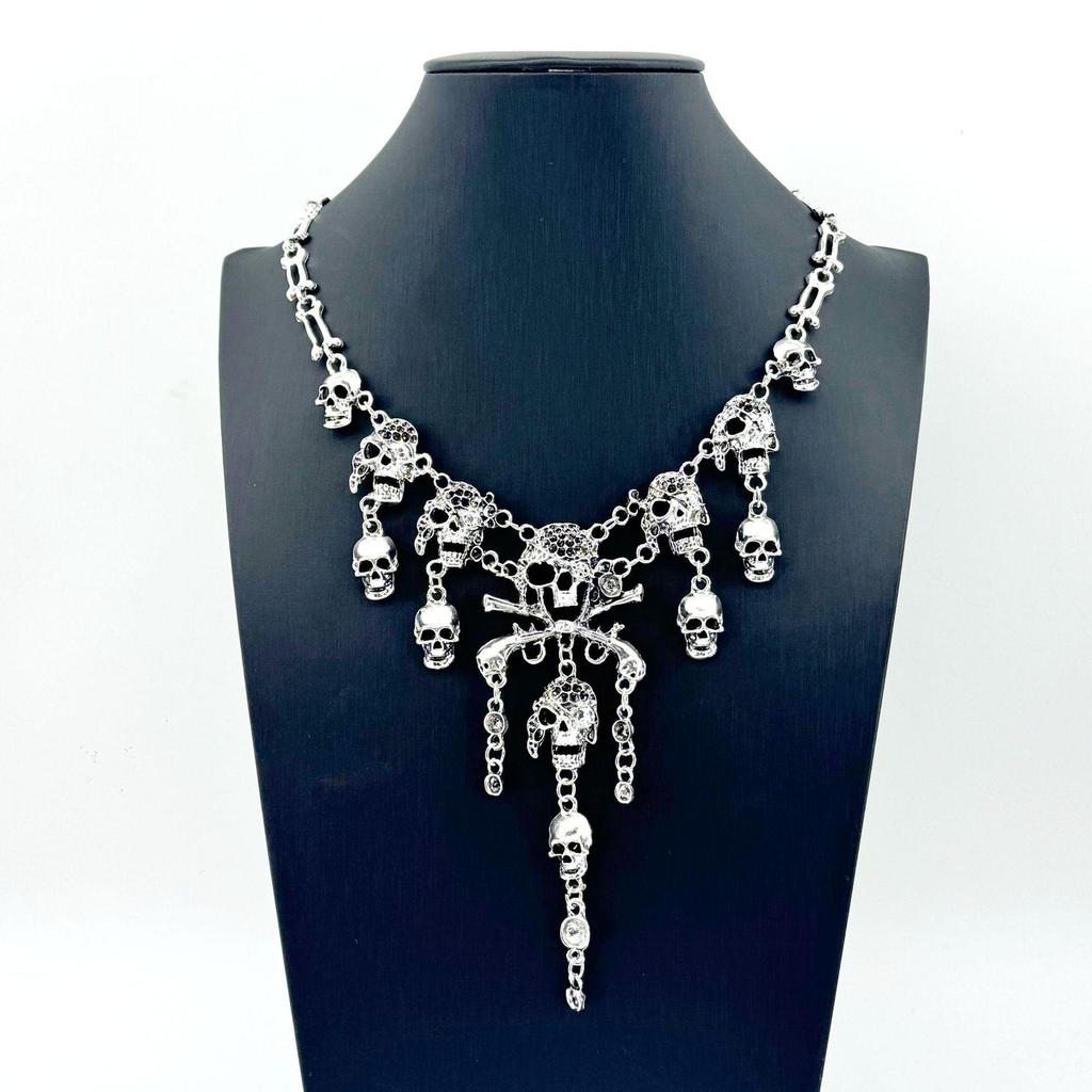 Halloween Retro Skull Ghost Tassel Necklace - Multi-Layered Alloy Design for Women