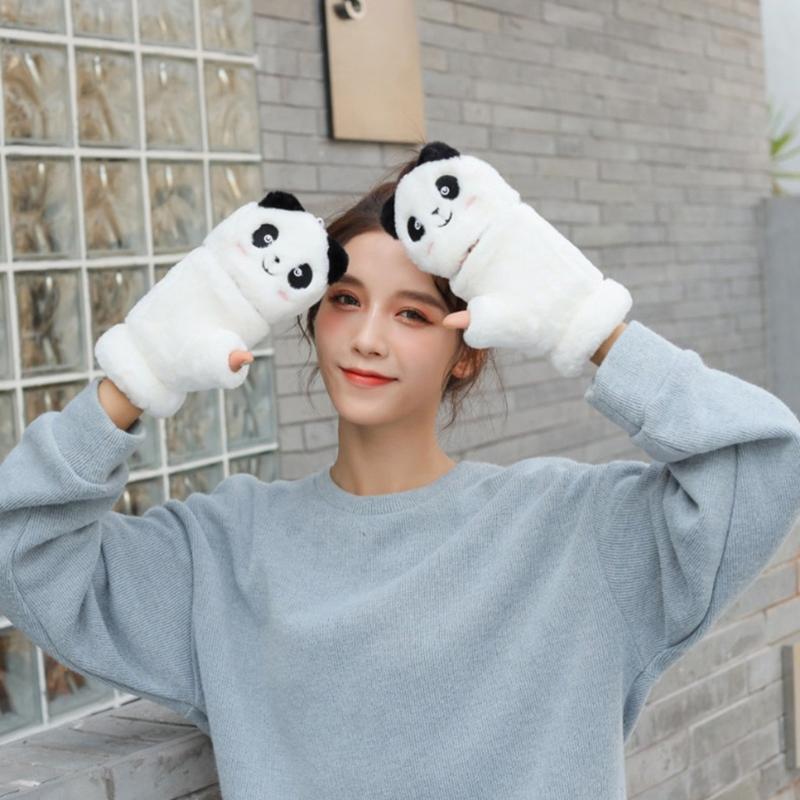 Winter Warme Handschuhe Flauschige Tier-Fäustlinge Plüsch-Panda Halbfingerhandschuhe mit Klappdeckel Warme Handschuhe für Kaltes Wetter