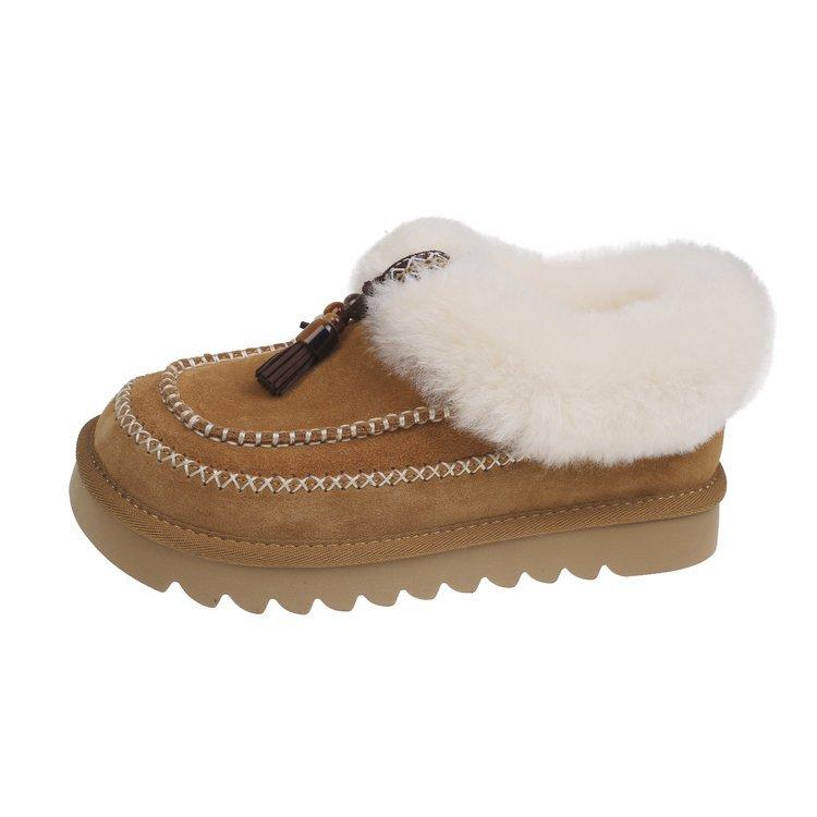 [Rindslederversion] Neue Version~ Handgenähte Dicksohlige Baotou Woll-Loafer Hausschuhe Damen Schneestiefel