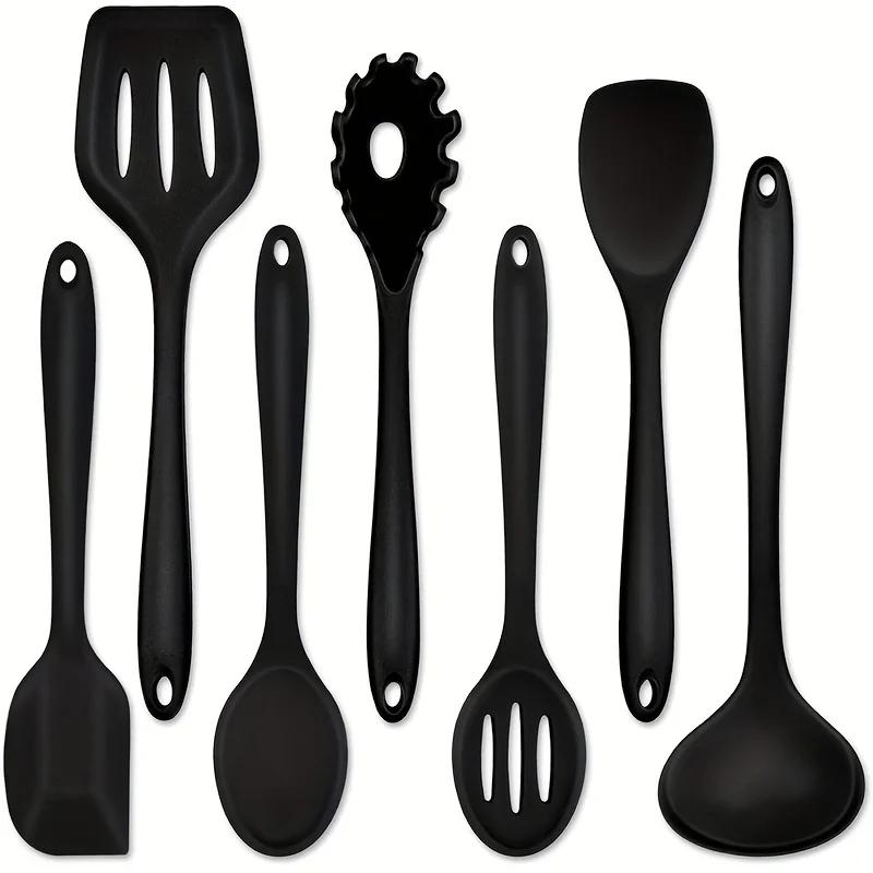 1/7-Piece Silicone Kitchen Utensil Set - Non-Stick Spatula, Spoon, Skimmer, Pasta Clip & More for Cooking & Baking