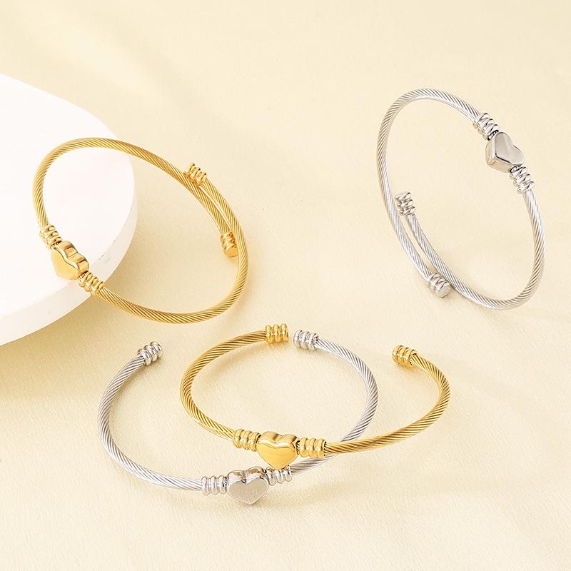 European American Heart-Shaped Open Stainless Steel Bracelet - Silk Rope Cable Wire Design for Women