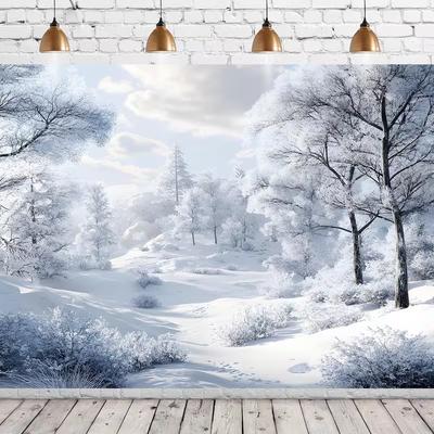 2D Christmas Winter Tapestry, Frosty Snow Forest Background Cloth