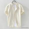 Men's Short-Sleeve Stand Collar White Linen Shirt, Casual Loose Fit, Lightweight Summer Cotton.