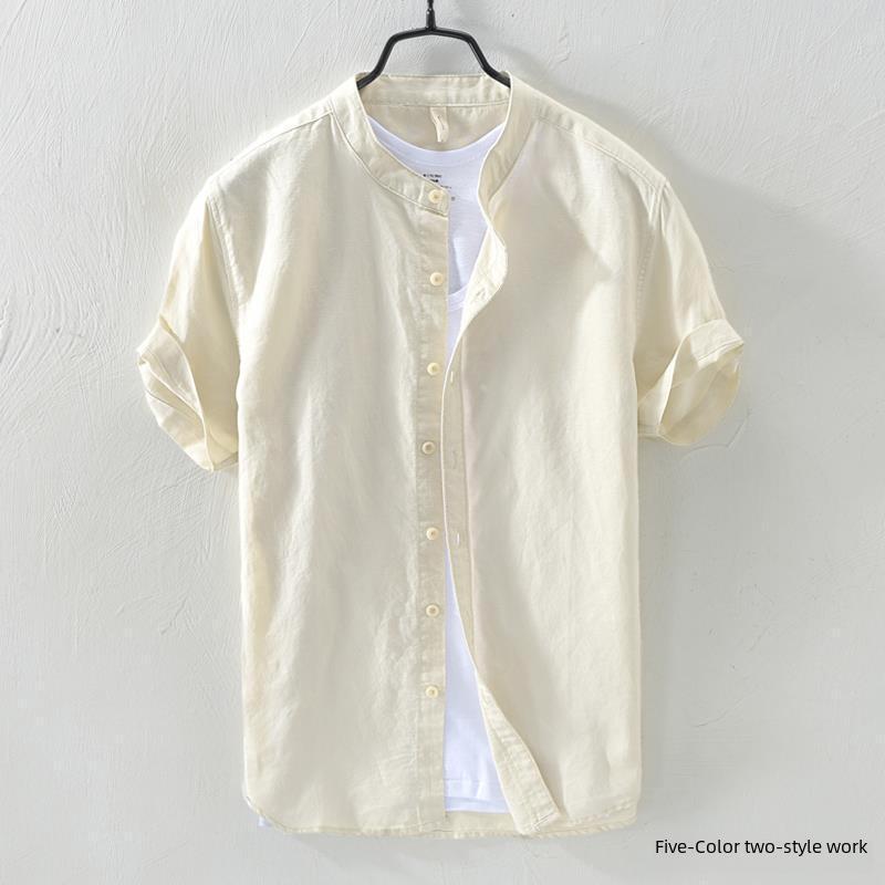 Men's Short-Sleeve Stand Collar White Linen Shirt, Casual Loose Fit, Lightweight Summer Cotton.