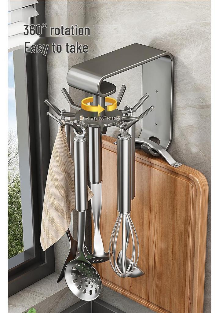 Multi-Function Wall-Mounted Rotating Hook & Spatula Storage Rack