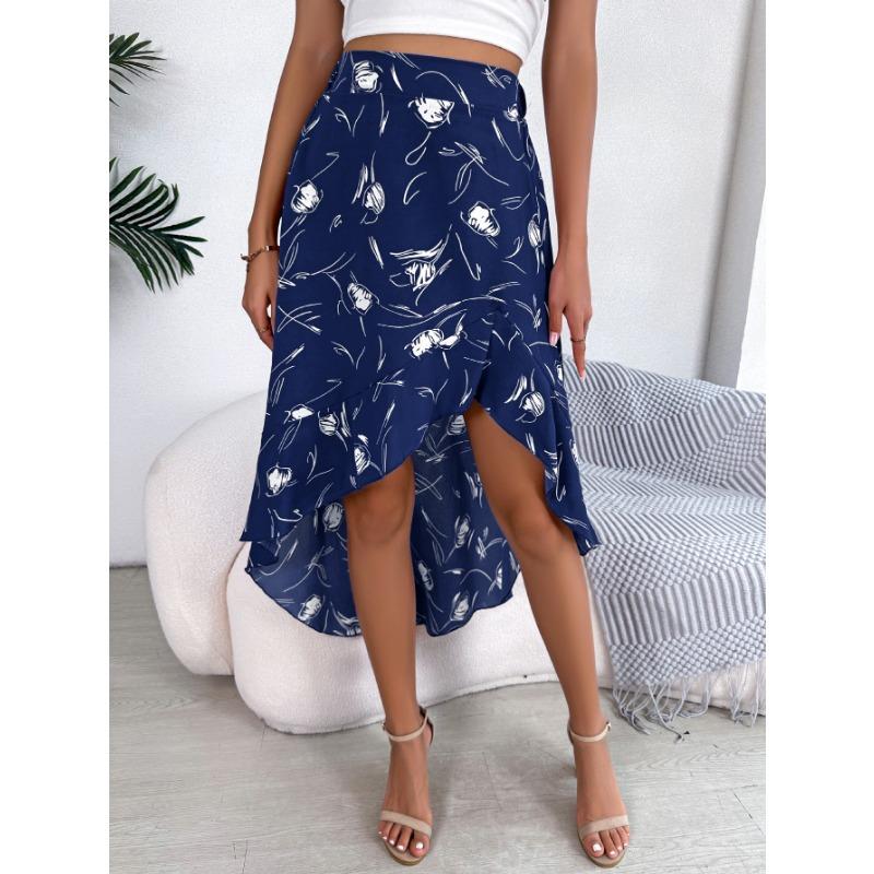 Women's Spring Summer Leisure Flower Asymmetrical Flounces Mid-length Skirt
