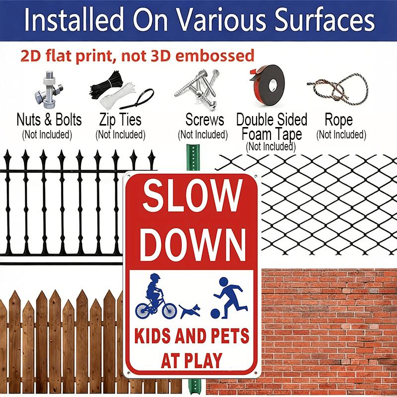 2D Flat Slow Down At Play Metal Sign - Durable Metal Safety Signage, 12*8 Inches, Easy To Install, Red and White with Blue Graphics, Perfect for