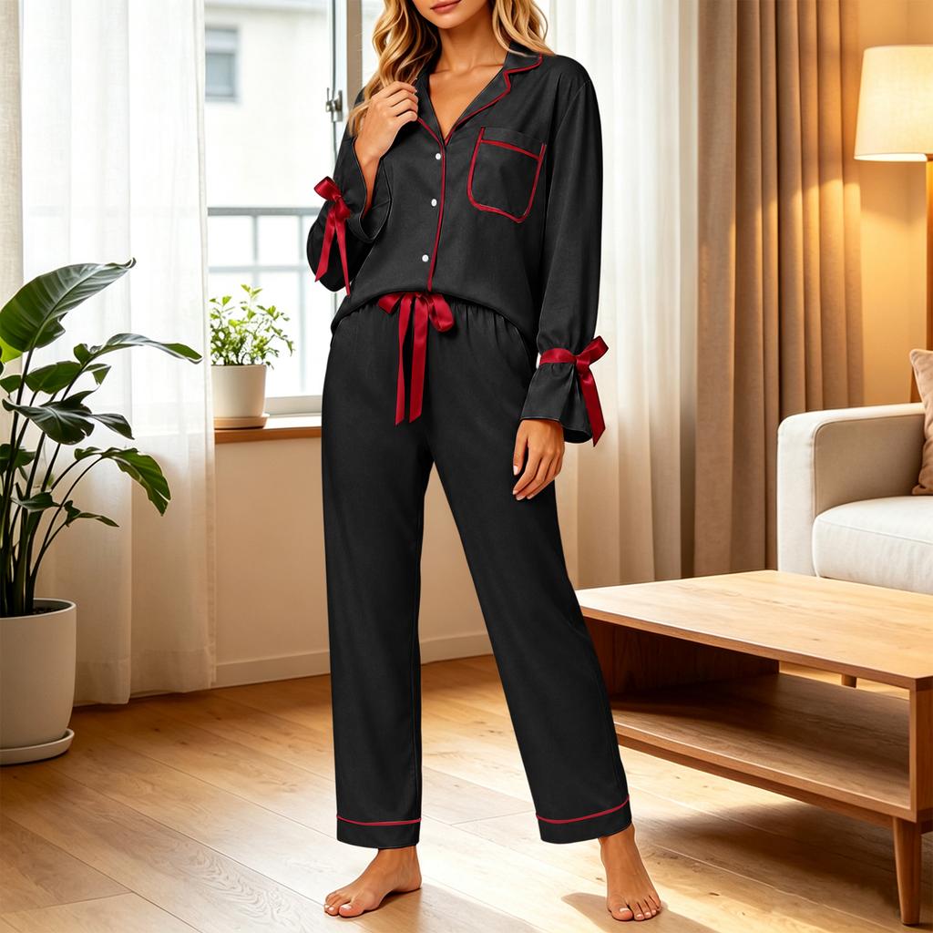 Women's Long Sleeve Top with Chest Pocket and Pants Casual Pajama Set