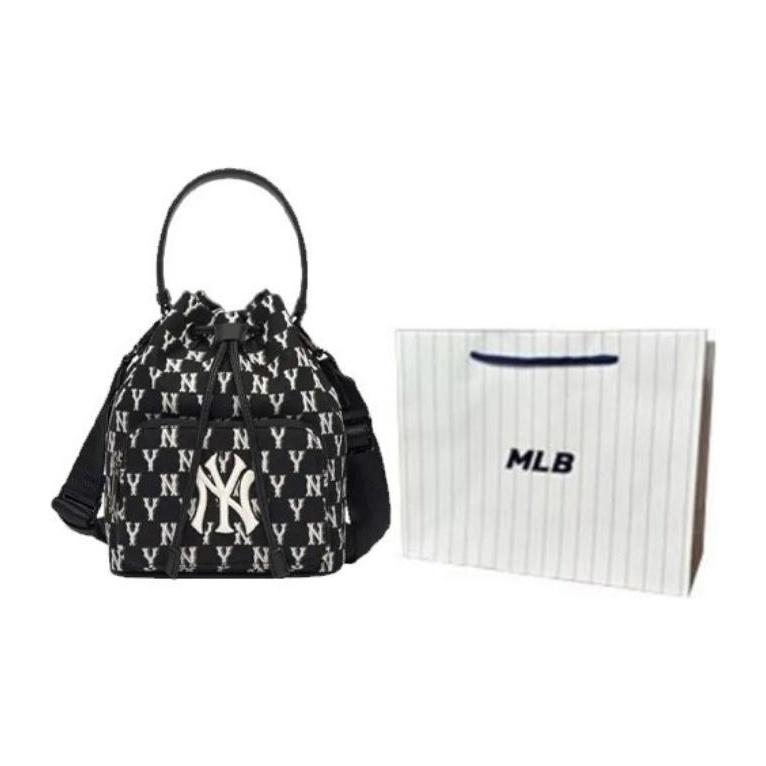 MLB Monogram Series Vintage Floral Print Letter Logo NY Yankees Polyester Bucket Bag Unisex bags Black 3ABMS012N-50BKS