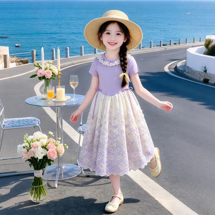 Summer 2026 Girls Purple Short Sleeve Floral Midi Princess Dress 140 cm