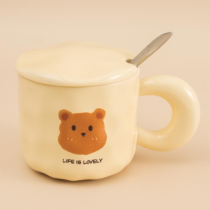 Korean Retro Bear Mug with Lid Spoon High Value Girl Couple Ceramic Cup Office Drinking Water Coffee Cup
