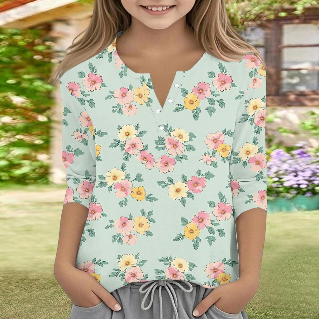 Print Tops For Youth Girls V Neck Button 3/4 Sleeves T-Shirts Trendy Tops Outfit Tees