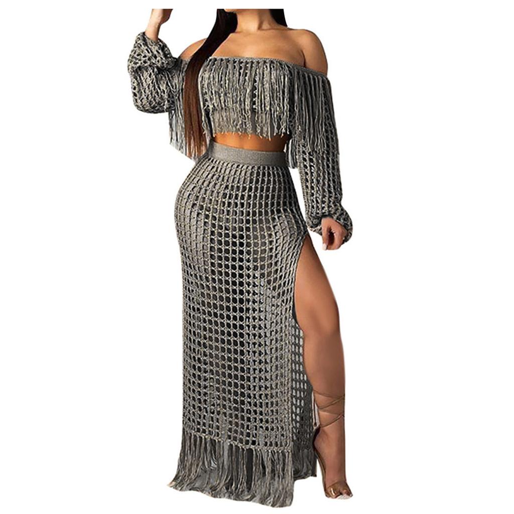 Women Sexy Long Sleeve Tassels Hollow Out Blouse Tops+Slit Beach Skirt Suit Sets
