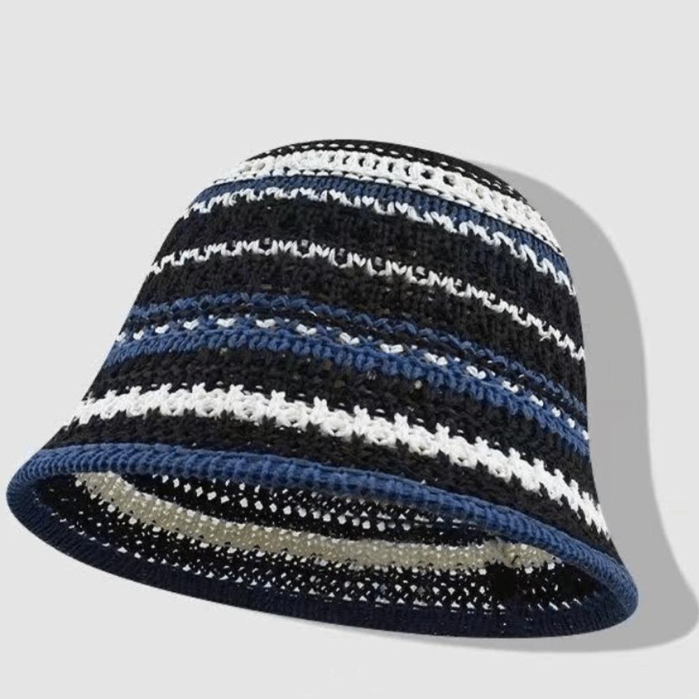 Striped Knitted Hollow Fisherman Hat Big Eaves Uv Protection Crochet Bucket Hat Breathable Multicolor Bucket Sun Hat Travel