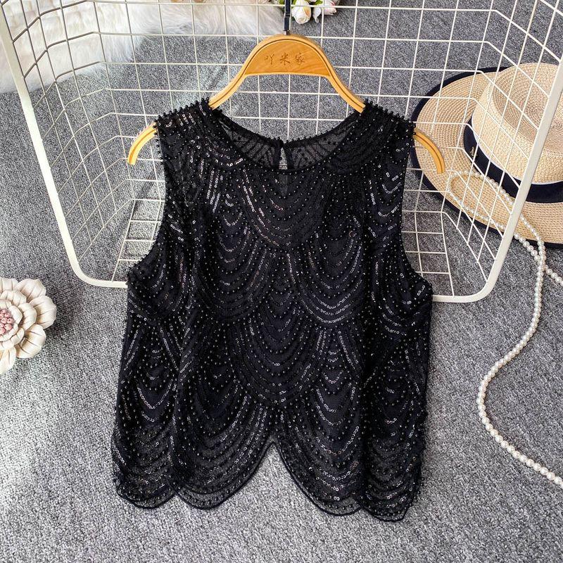 

Heavy Industry Beads Sequins Sleeveless Vest Women 2025 Summer New Design Irregular Arc Slim fit Slimming Top Black All yards