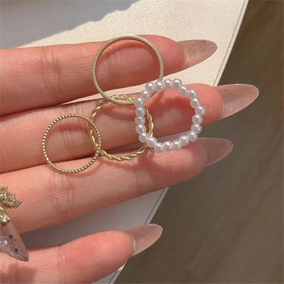 4 Pcs/Set Est Geometric Pearl Rings Set  Alloy Rings Set Jewelry Gifts For Women