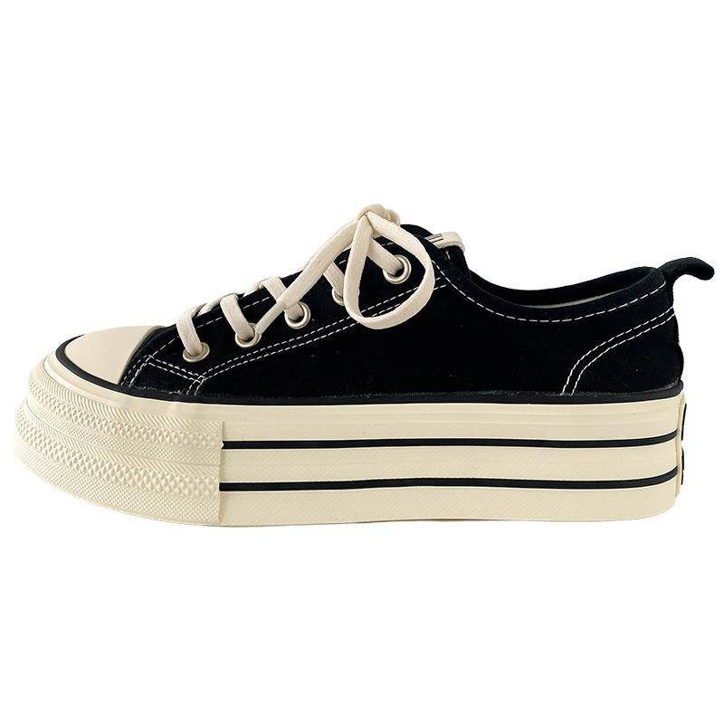 Dikke Bodem Canvas Schoenen Dames Ronde Neus Platte Veters Dubbele Band Veelzijdig Dunne Zool Board Schoenen Ademend Laag Uitgesneden Casual