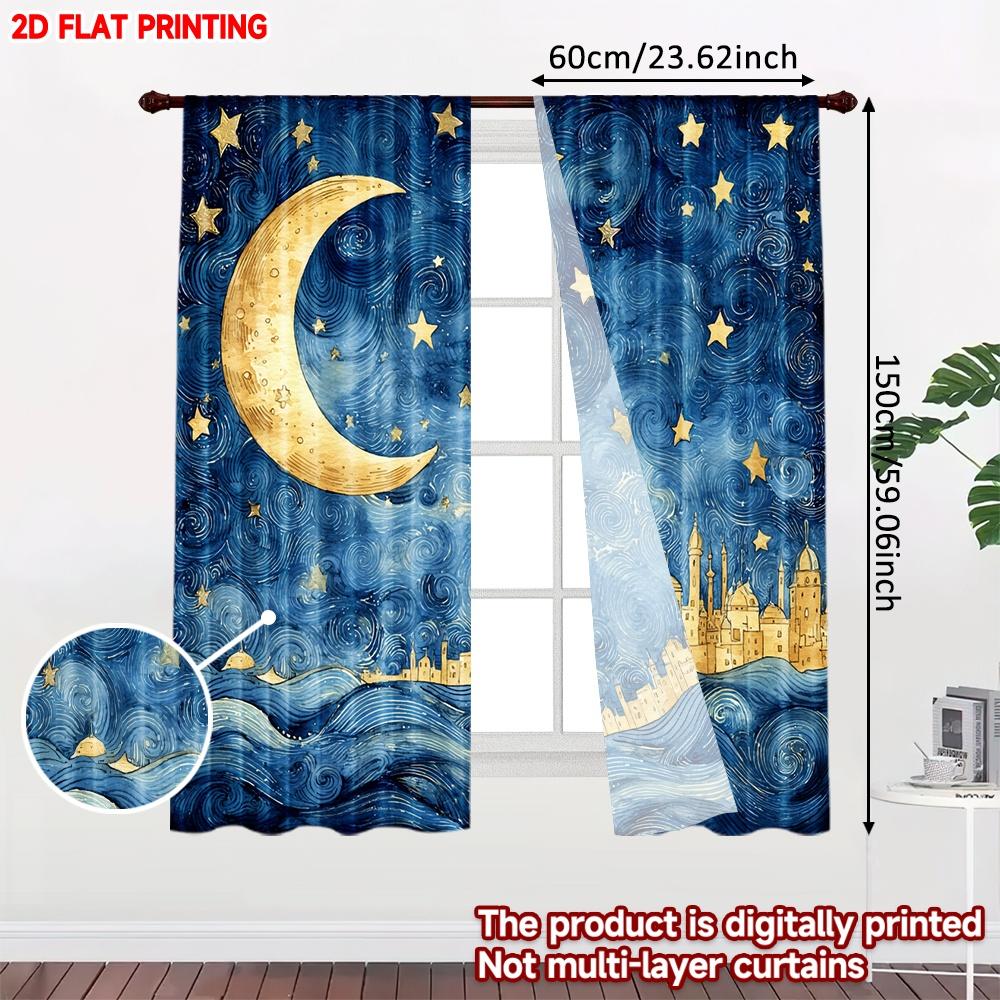 Set Of 2 Modern Night Skyline Curtains Digital Printing Deep Blue Golden Moon Stars City Silhouette Bedroom Decor Curtain Polyester Perfect For Master