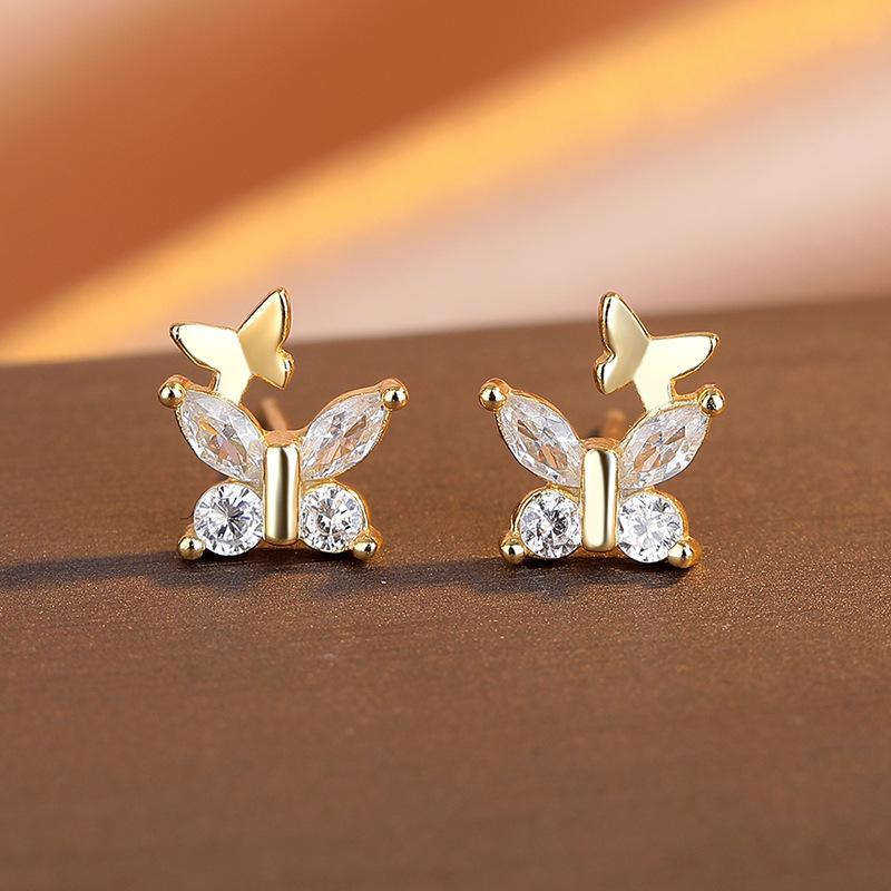 Butterfly Stud Earrings Sterling Silver Exquisite Zircon Earrings High-End Women S Light Luxury Earrings 925 silver