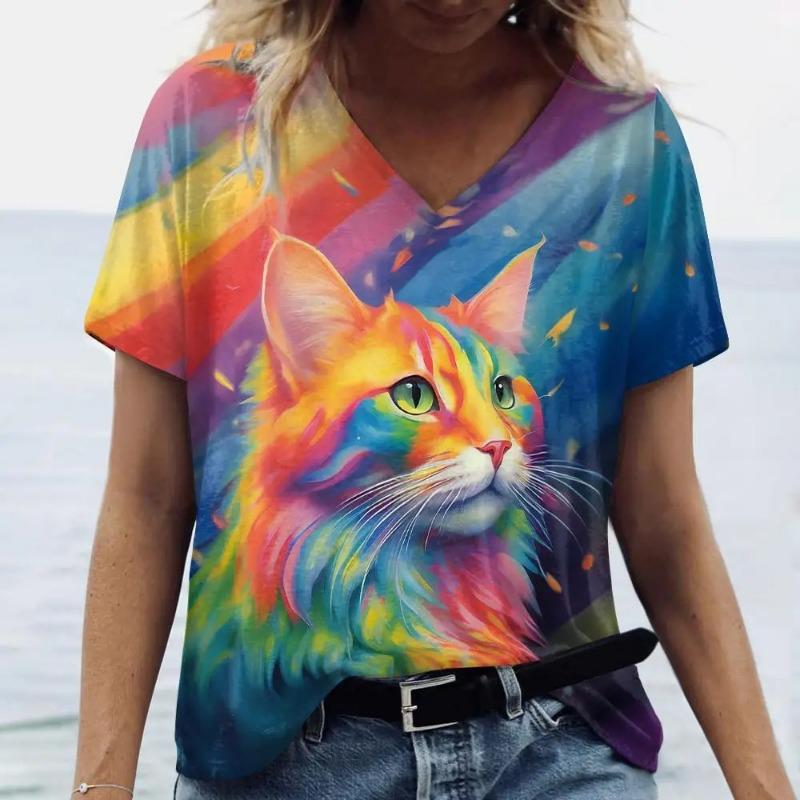 plus size 7XL Ladies' V-neck T-shirt 3D Printed Fashion Trend Bird Cat Dog Animal Print Short Sleeved Clothing Breathable Top T-Shirts Women’s