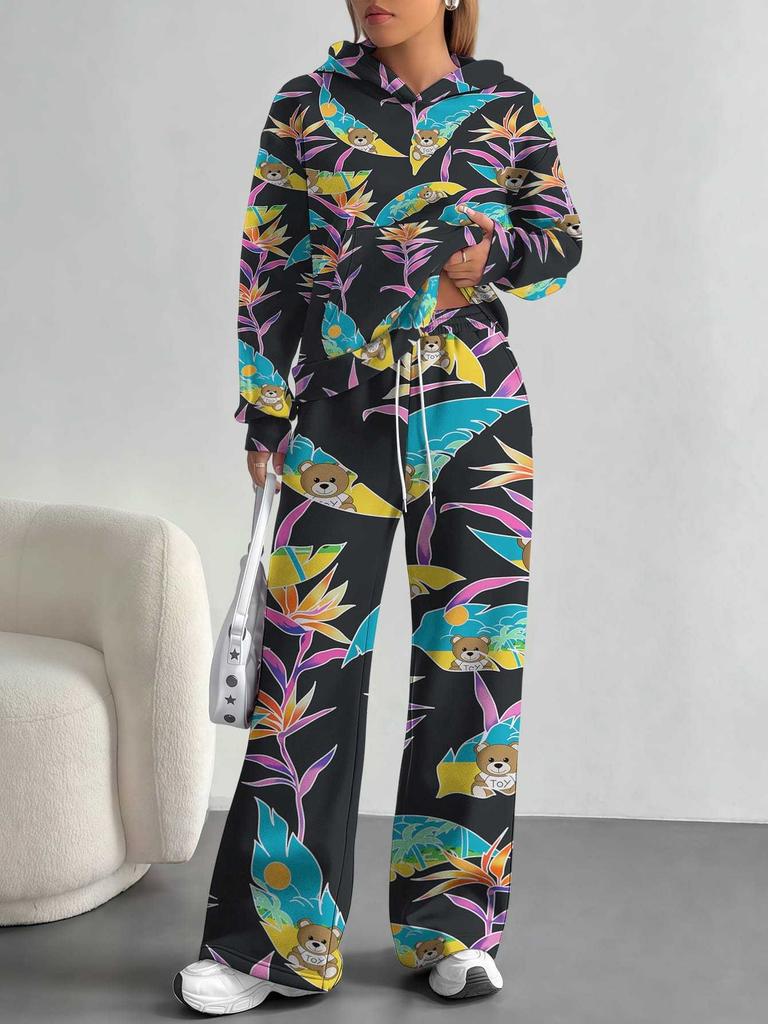 European, American Autumn and Winter Blue Flower Casual Long-sleeved Suit Women's Hooded Sweater Trousers Two-piece Set
