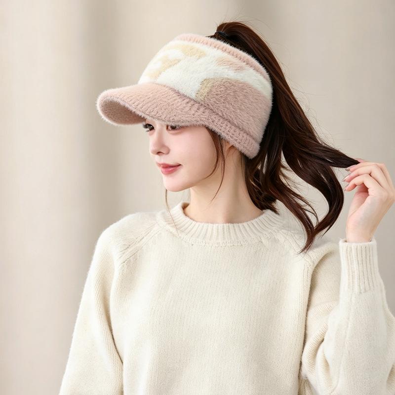 Plush cold-proof empty top hat autumn and winter women's Korean version of fashion knitted hat trendy warm can tie ponytail cap ear protection hat