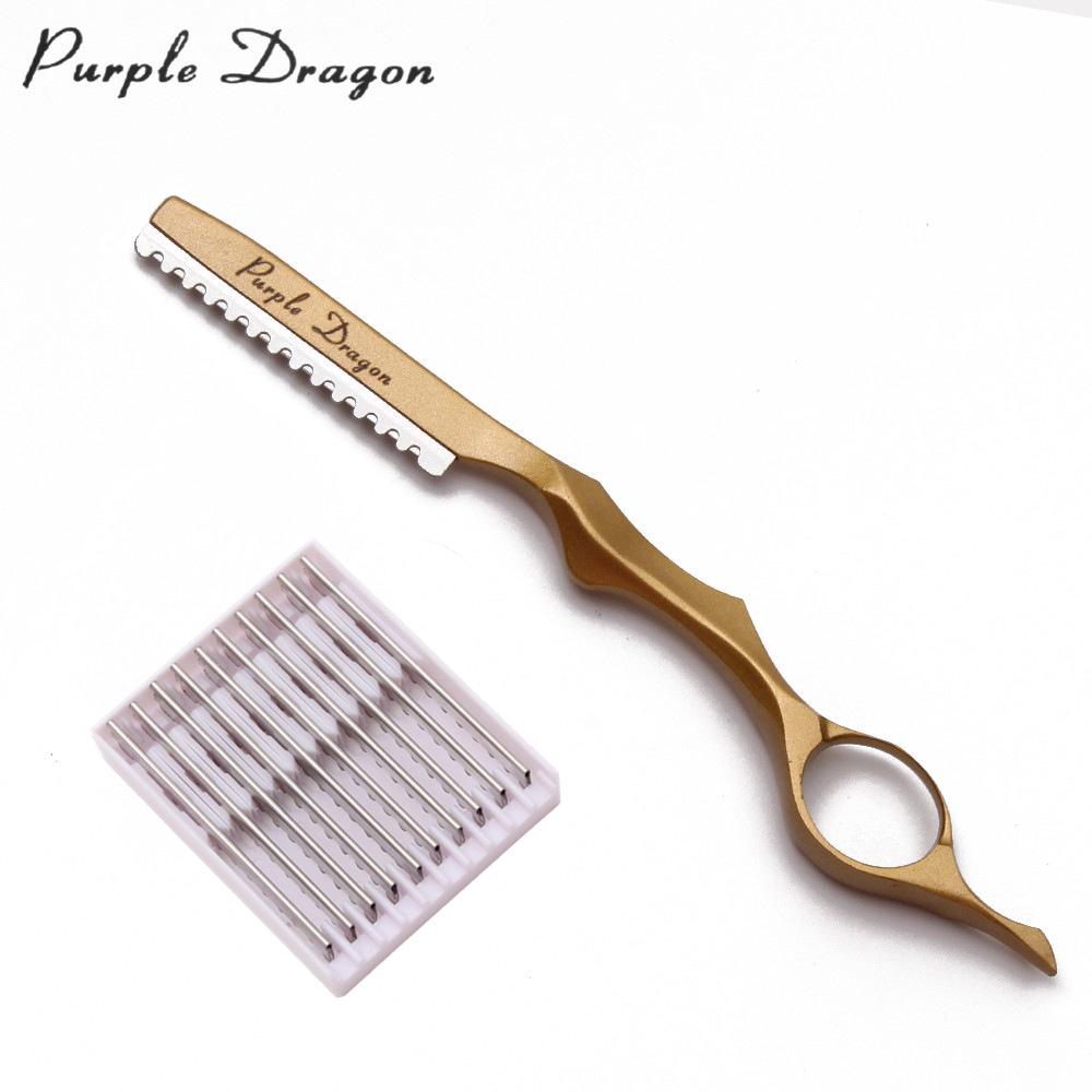 Purple Dragon Hair Razor Holder & 10 Blades - 8 Colors, Hairdressing Thinning Knife, Manual Scraper