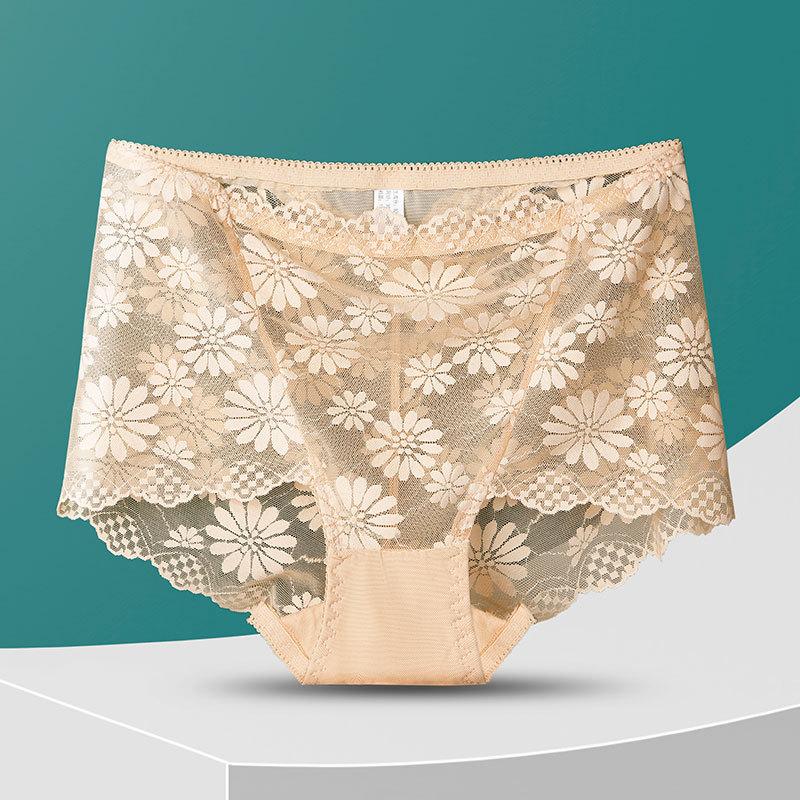 Plus Size Lady Summer Sexy Lace Hollow Out Transparent Without Mark Lift Hip High Waist Triangle Briefs