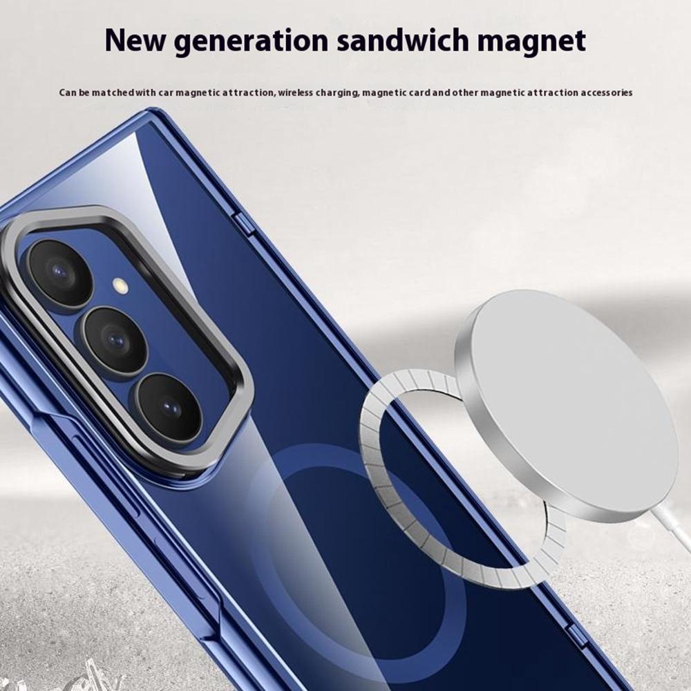 For Samsung Galaxy Z Fold7 5G Magnetic Case PC+Acrylic Phone Cover with Anti-Spy Screen Protector,Lens Kickstand